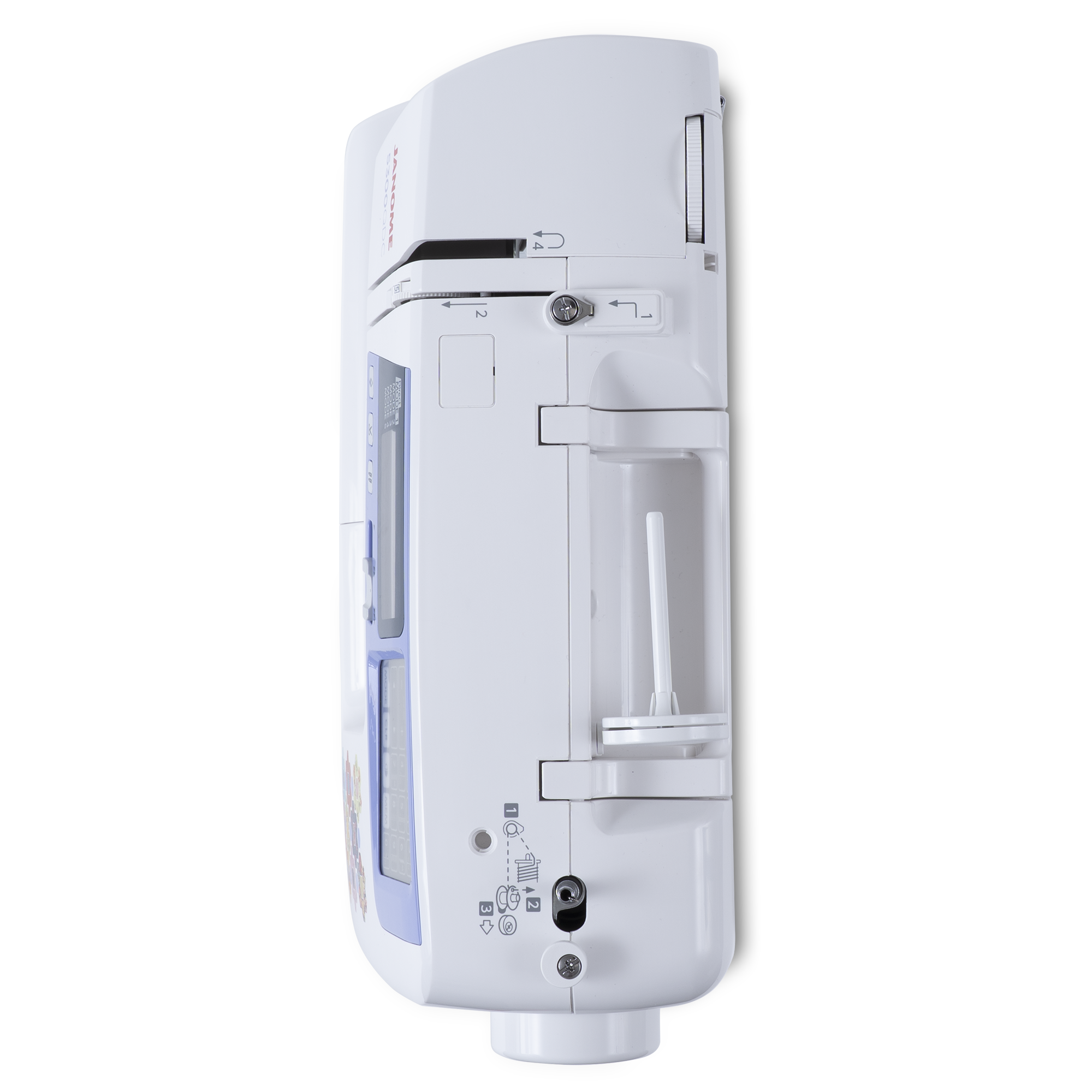 A white modern sewing machine shown from a rear three-quarter view against a plain white background.