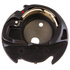 Close-up of a mechanical component with black casing and metallic interior on a white background