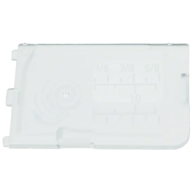 A clear plastic replacement bobbin cover plate with embossed measurement markings, shown on a solid white background.