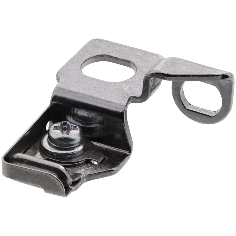 A small metal hardware component with a dark gray finish, featuring a screw fastener and two circular cutouts, shown on a plain white background.