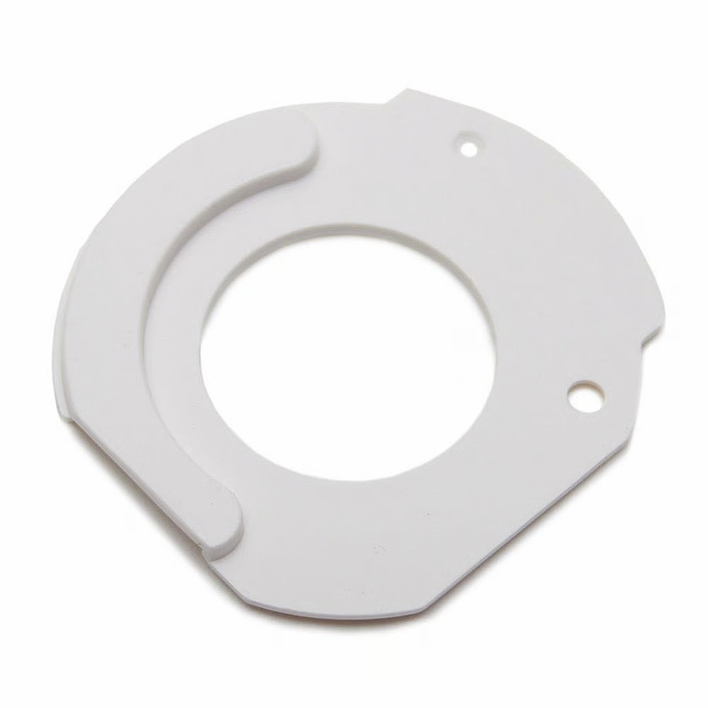 A white circular plastic ring with a central hole and two small mounting holes, photographed on a clean white background.