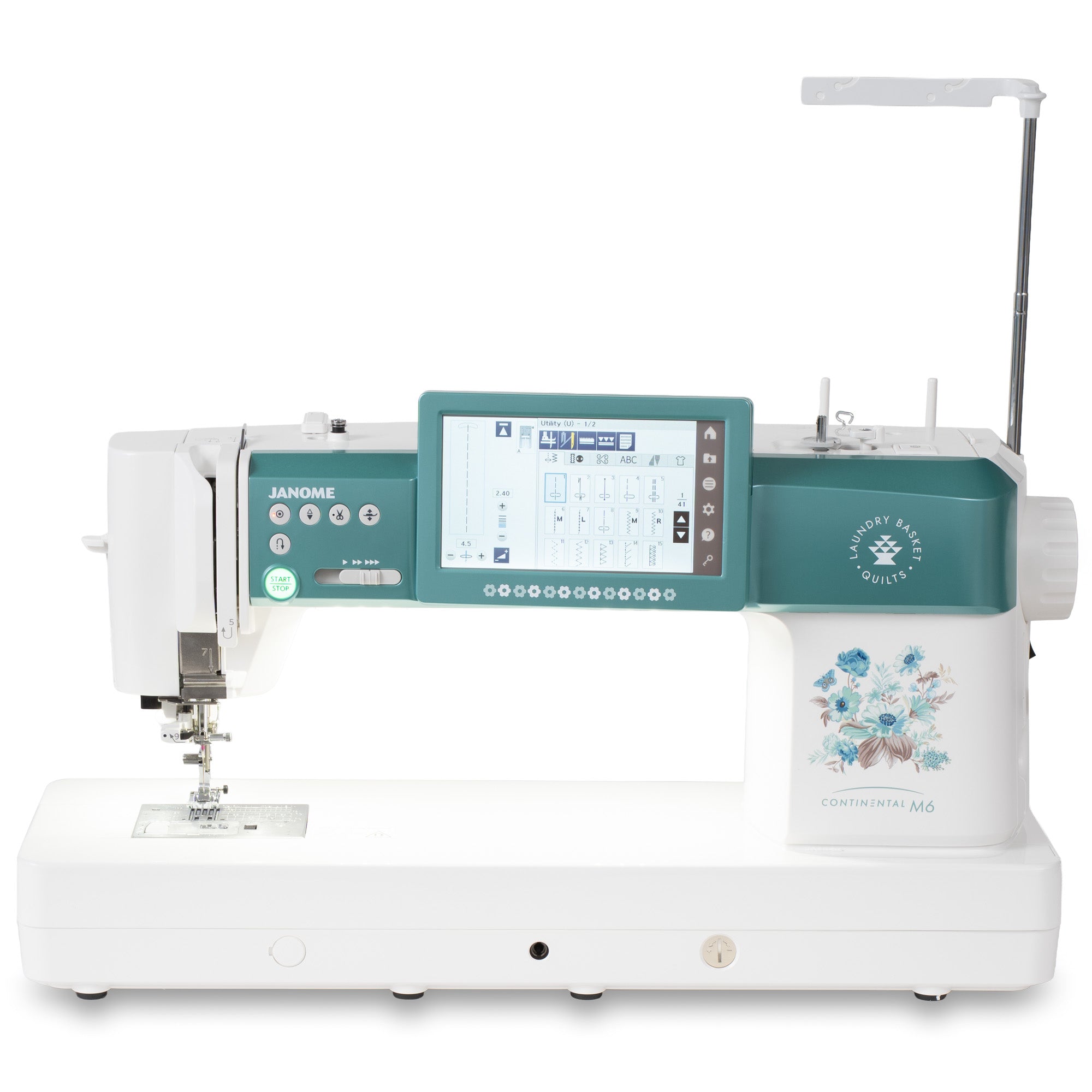 A Janome Continental M6 sewing machine in white and teal, featuring a digital touchscreen display, floral graphic on the front, and an extended arm, shown against a solid white background.