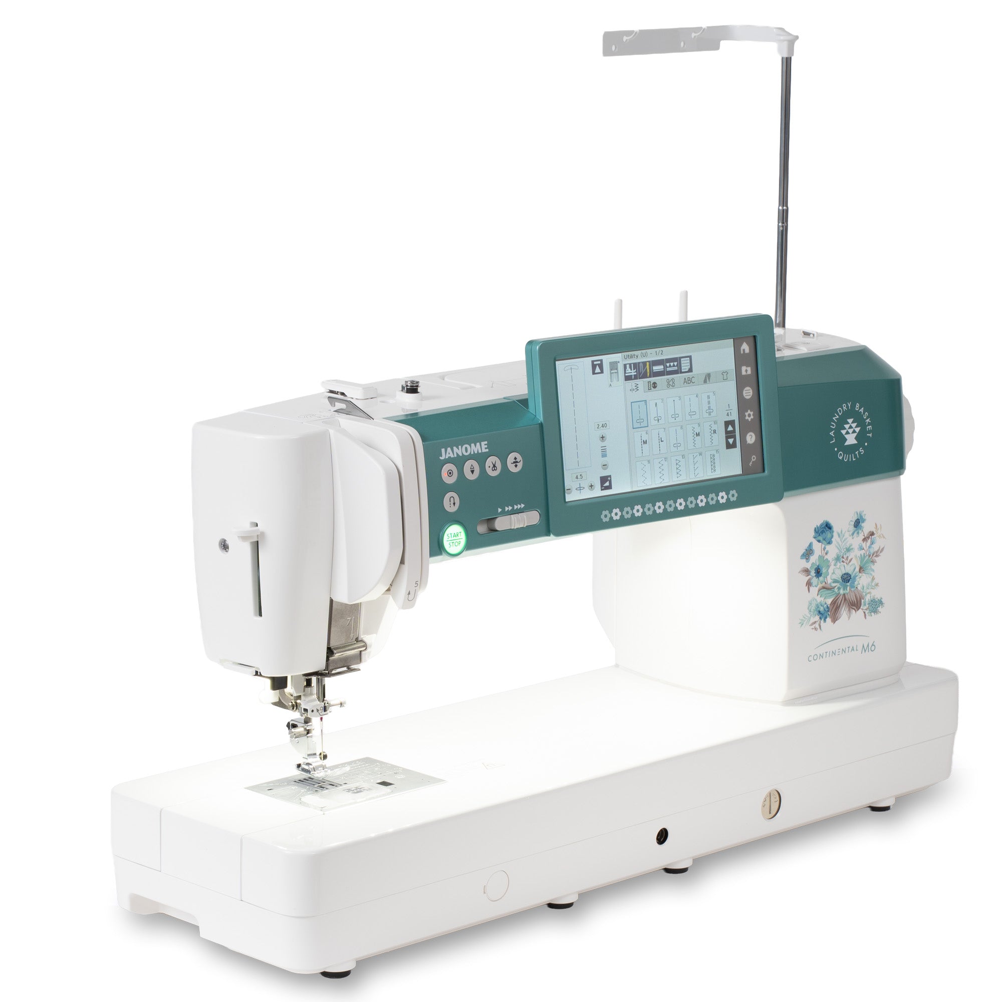 A Janome Continental M6 embroidery machine in white and teal, featuring a large digital display screen and a vertical metal arm, shown on a solid white background.