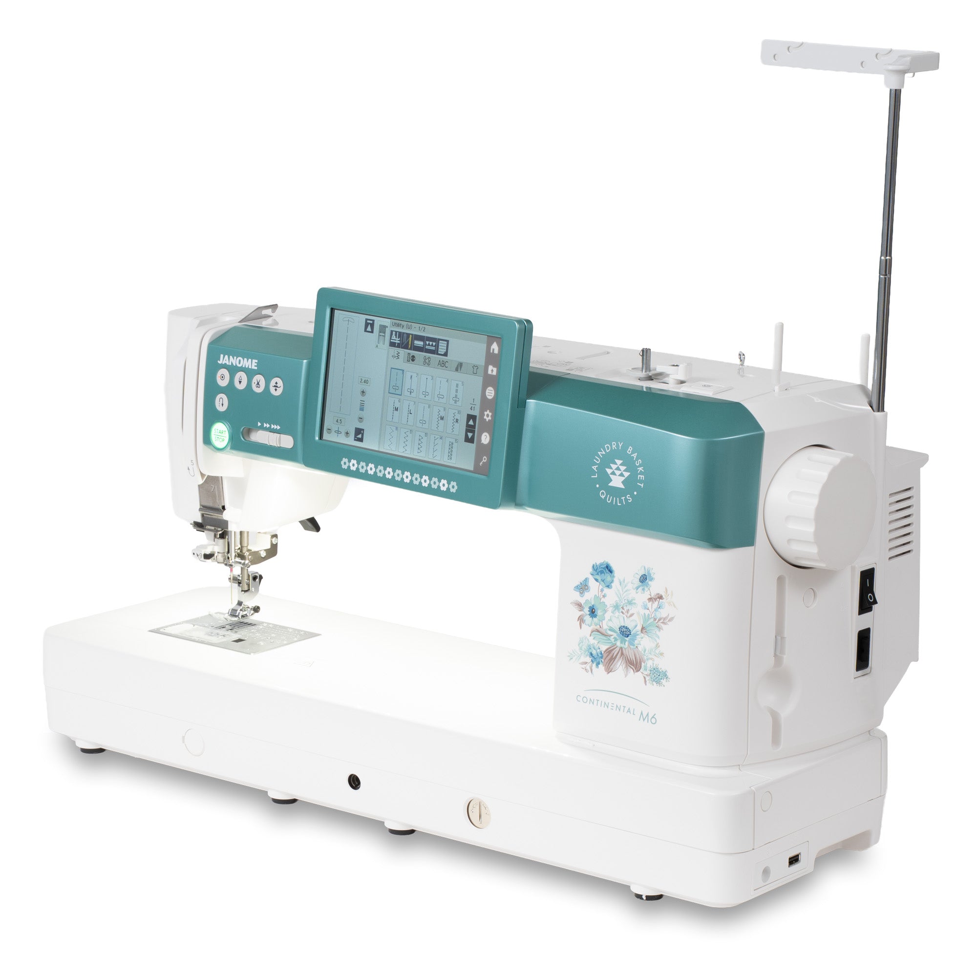 A Janome sewing machine with a white body and teal-green accents, featuring a digital touchscreen display, floral graphic on the side, and an adjustable stand arm, shown on a solid white background.