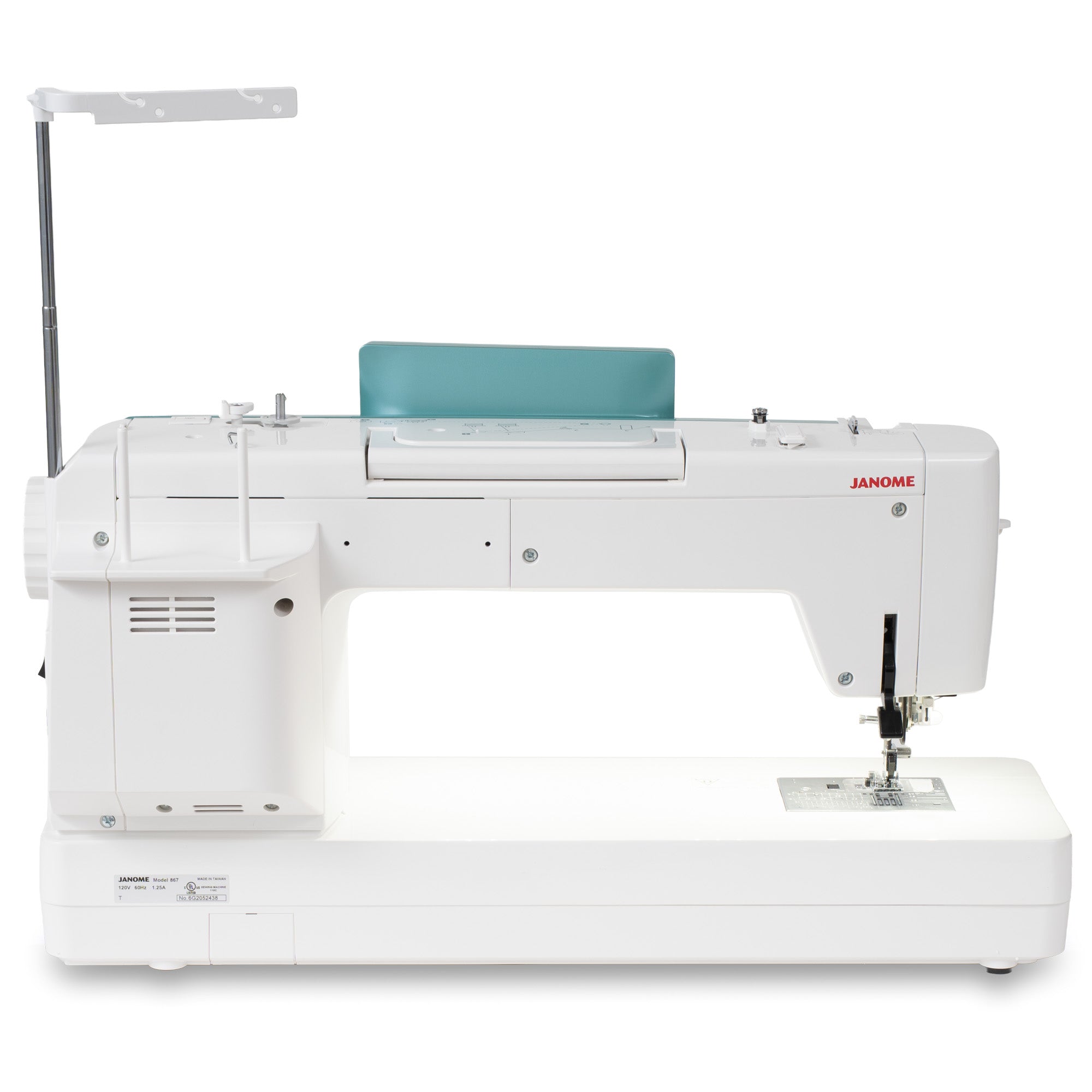 A white Janome sewing machine with a teal fabric guard and an adjustable metal arm, shown from a three-quarters angle on a white background.