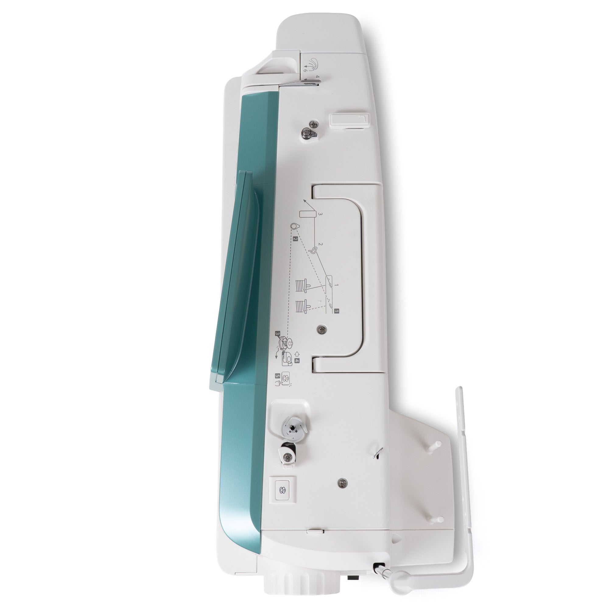 White and teal electronic sewing machine head shown from a top-down view on a solid white background.
