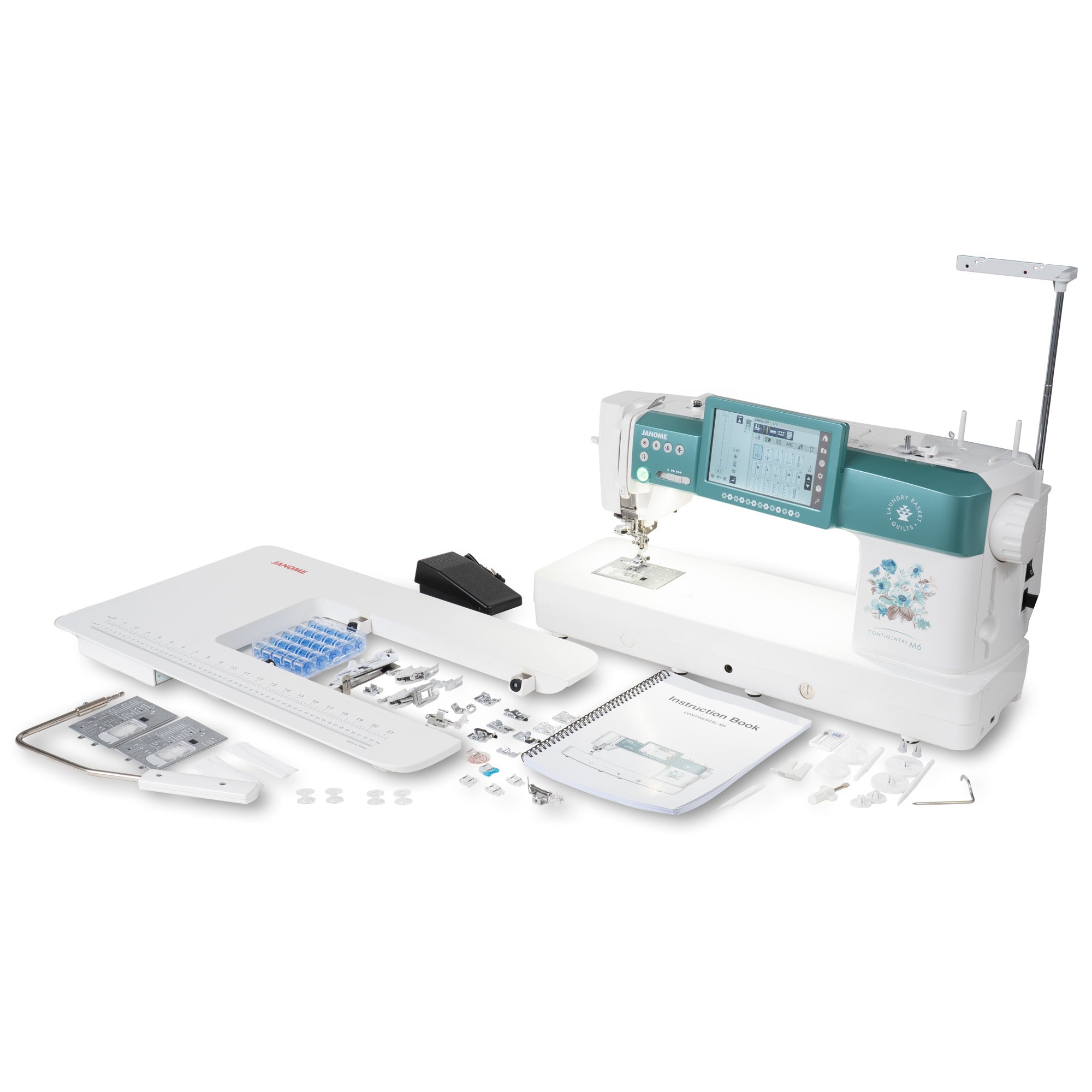 A white and teal sewing machine shown with its included accessories and parts arranged around it on a clean white background. The set includes a keyboard, presser foot, clips, thread, needles, a manual, and other small accessories.