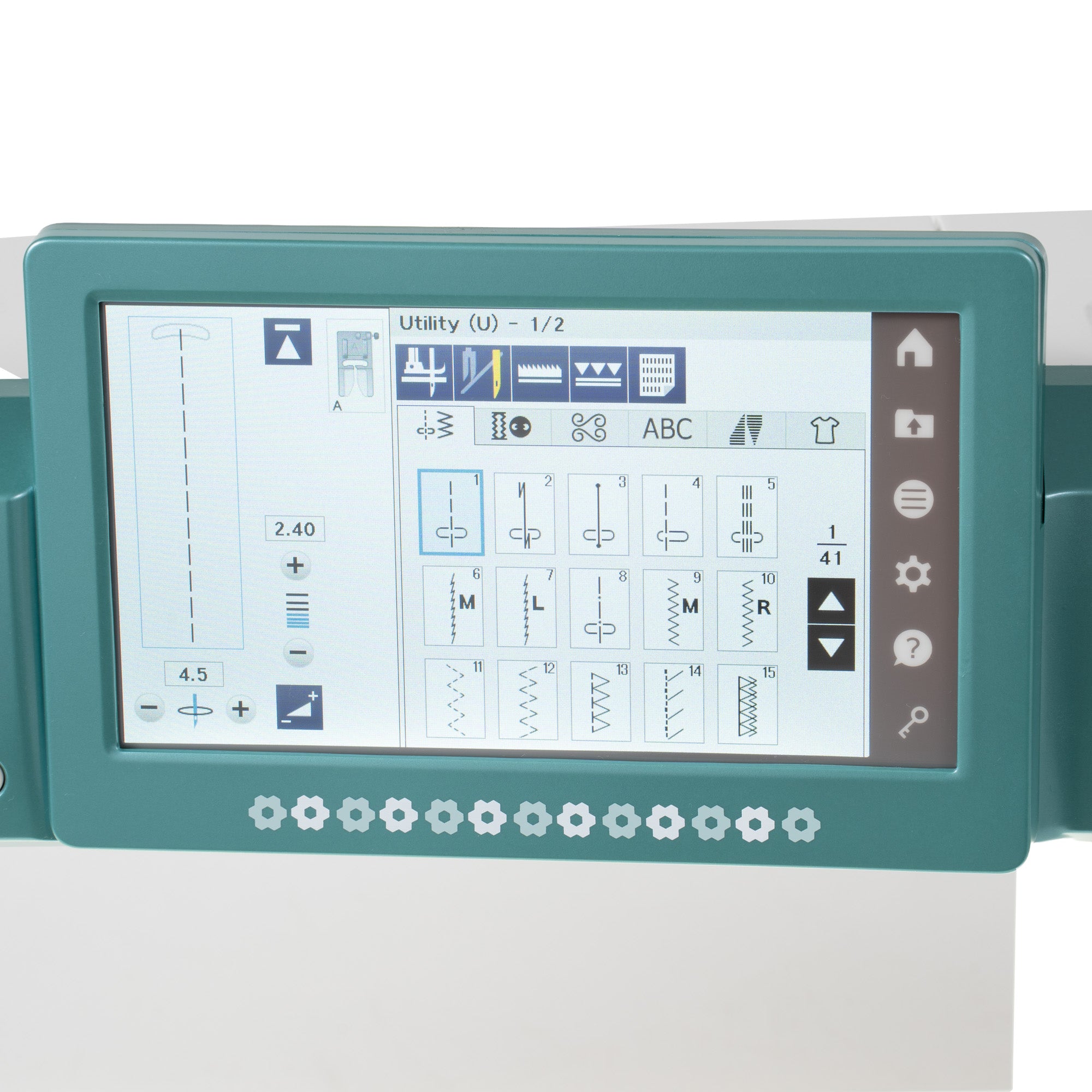 A close-up of a sewing machine's digital control panel with a teal bezel and a large touch screen displaying stitch patterns and settings.