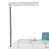 A close-up of a white and silver adjustable stand or bracket attached to the side of a white machine, with a teal panel visible in the background on a clean white studio backdrop.