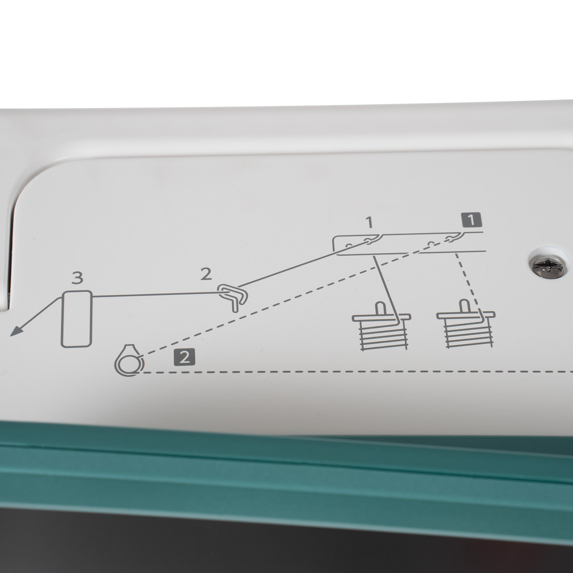 Close-up of a sewing machine control panel showing a diagram of thread path and stitch components, with numbered callouts 1, 2, and 3 on a white surface.