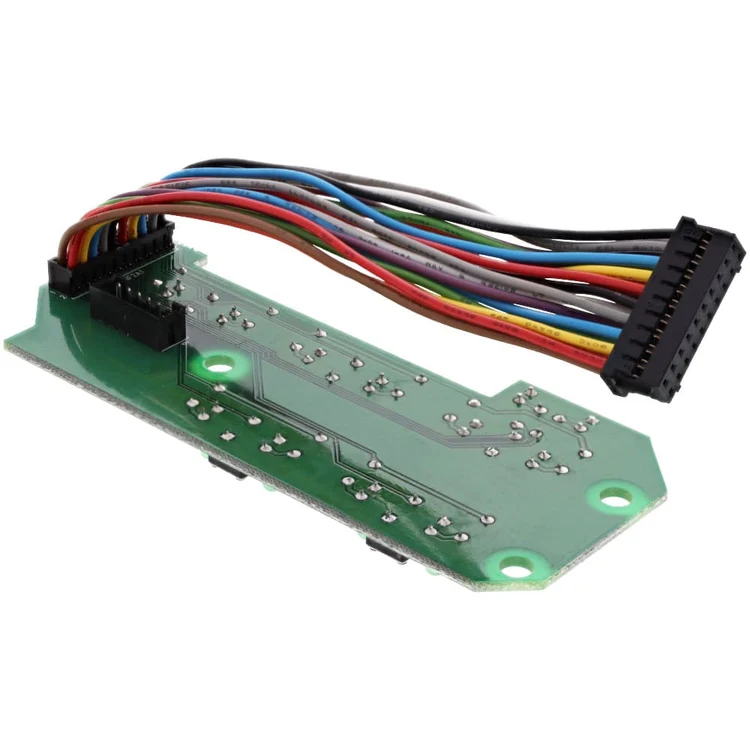 A green electronic circuit board with a multi-colored wire harness and black connector plugs, shown on a plain white background.