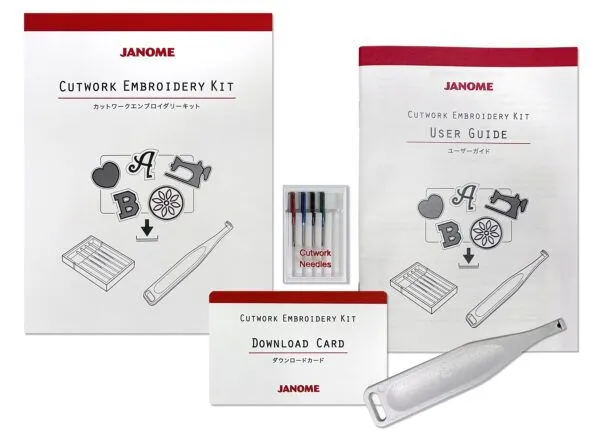 Janome Cutwork Embroidery Kit with user guide and needle set on a white background