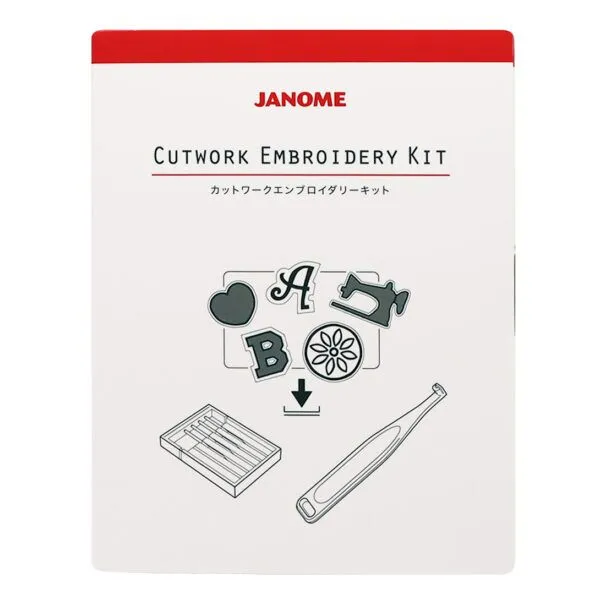 Janome cutwork embroidery kit packaging with illustrations on a white background