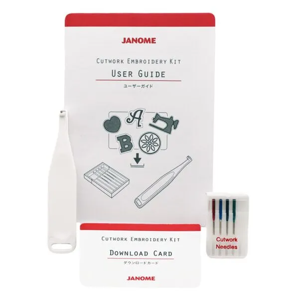 Janome cutwork embroidery kit with user guide and needles on a white background