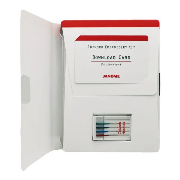 Janome cutwork embroidery kit with download card and needles on a white background