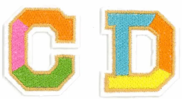 Colorful letter 'C' and 'D' patches on a white background