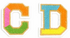 Colorful letter 'C' and 'D' patches on a white background