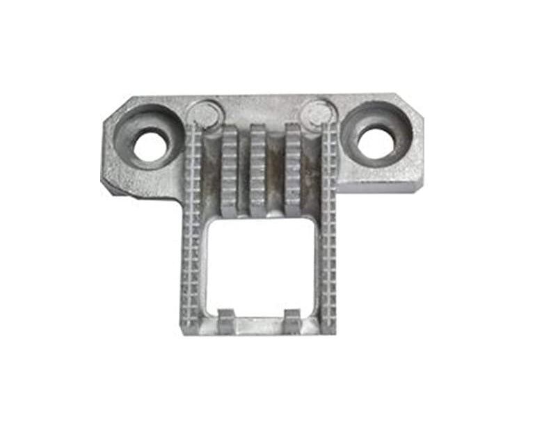 A small metallic hardware component with two circular holes and ribbed vertical sections, shown on a plain white background.