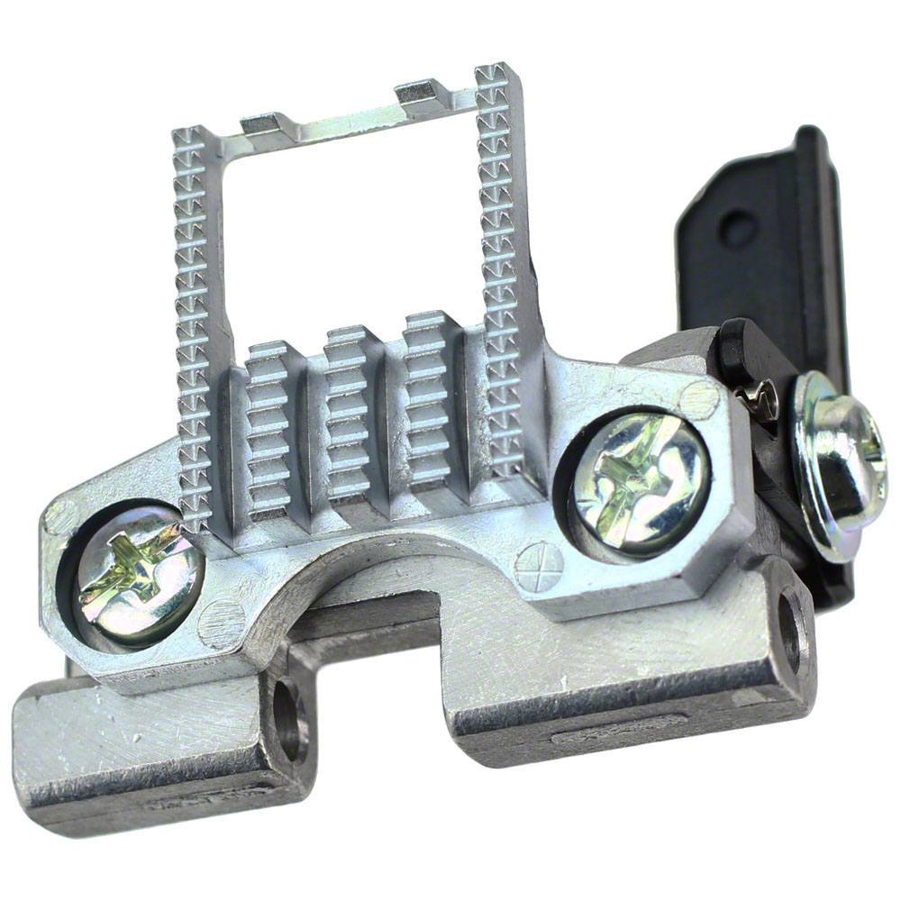 A silver metal window latch lockset with two visible screws and a black plastic strike plate, isolated on a white background.
