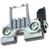 A silver metal window latch lockset with two visible screws and a black plastic strike plate, isolated on a white background.