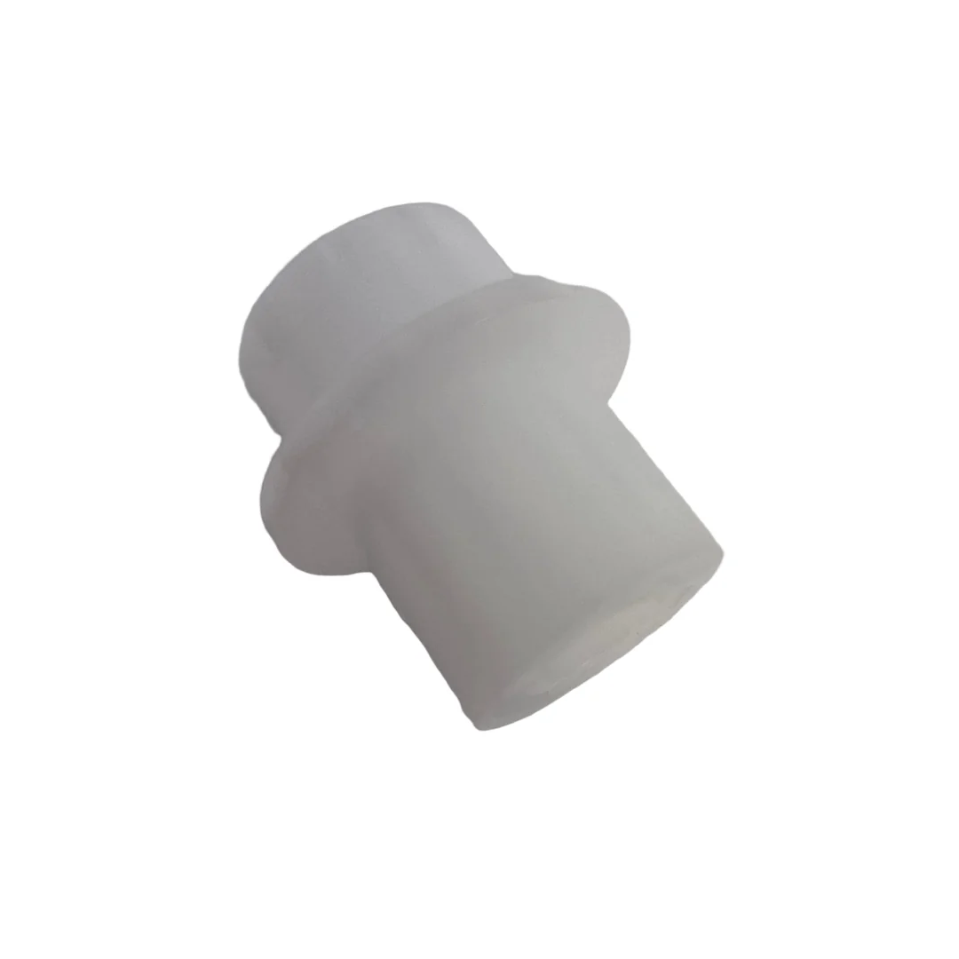 A translucent white plastic cylindrical adapter or connector piece, shown at an angle on a solid white background.