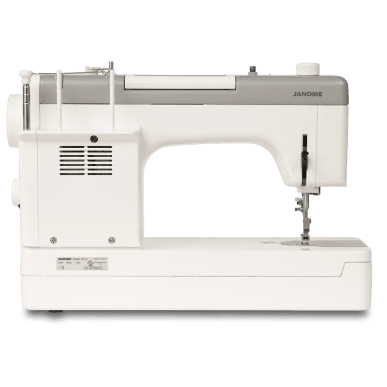 A Janome sewing machine in white and gray, shown from a front-three-quarters angle on a clean white background.