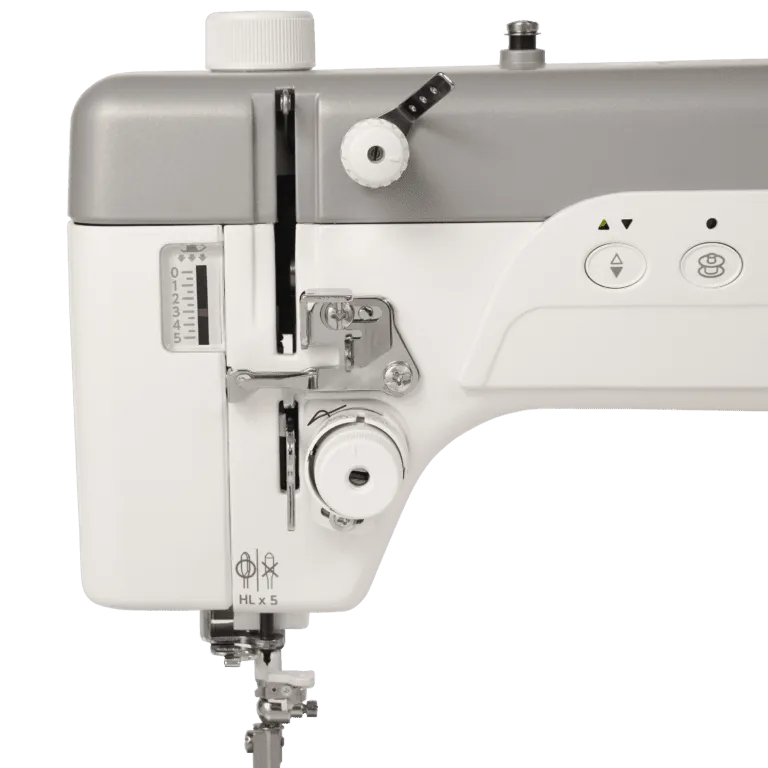 Close-up of a sewing machine head showing the needle area, thread guide, tension dial, and control buttons on a white and gray background.