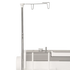 A close-up detail shot of a sewing machine featuring a tall, adjustable silver metal tension dial arm and a white and gray body, set against a solid white background.