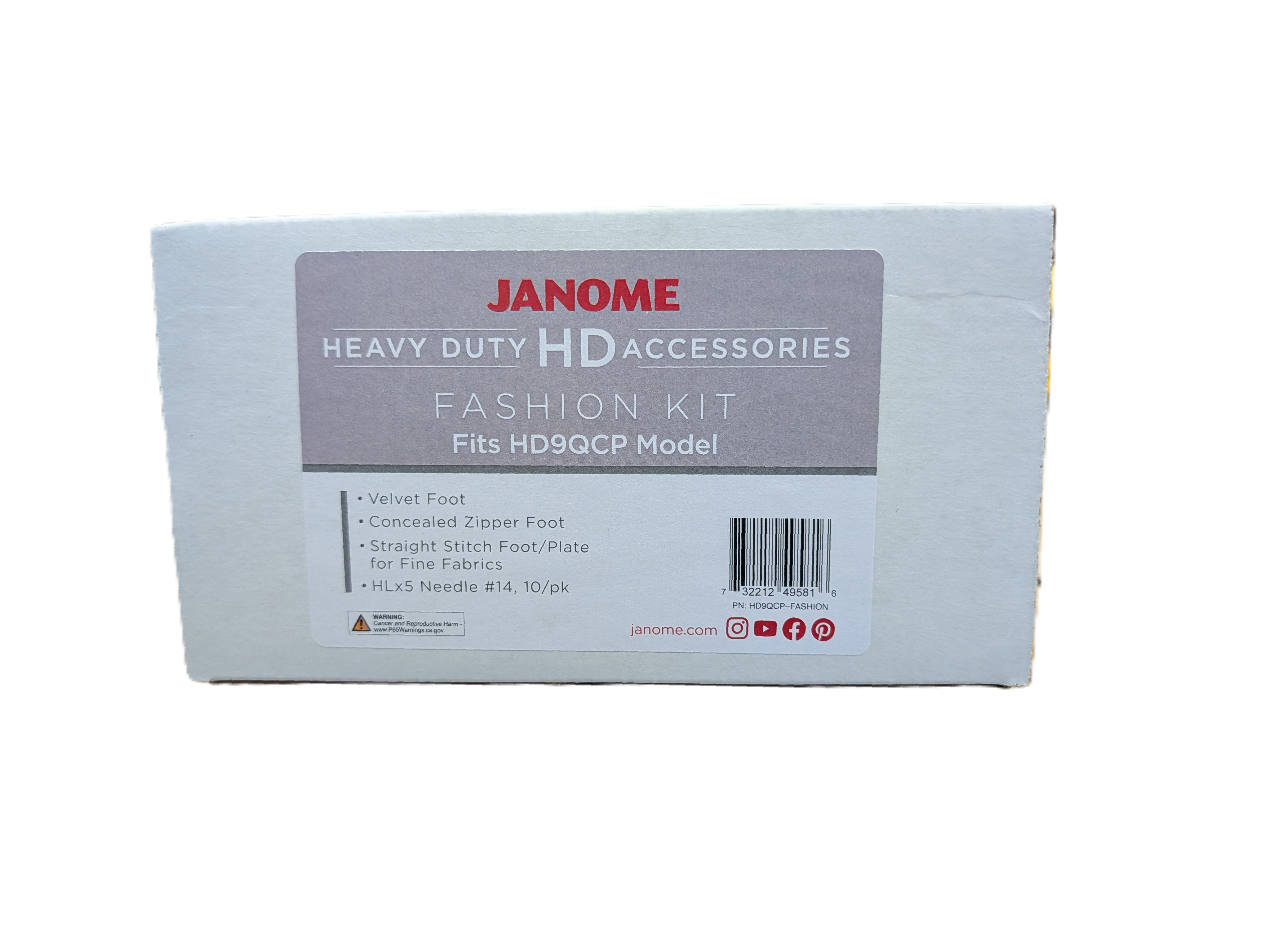 A white cardboard box for Janome Heavy Duty HD Accessories Fashion Kit, featuring a gray label with red and white text, on a white background.