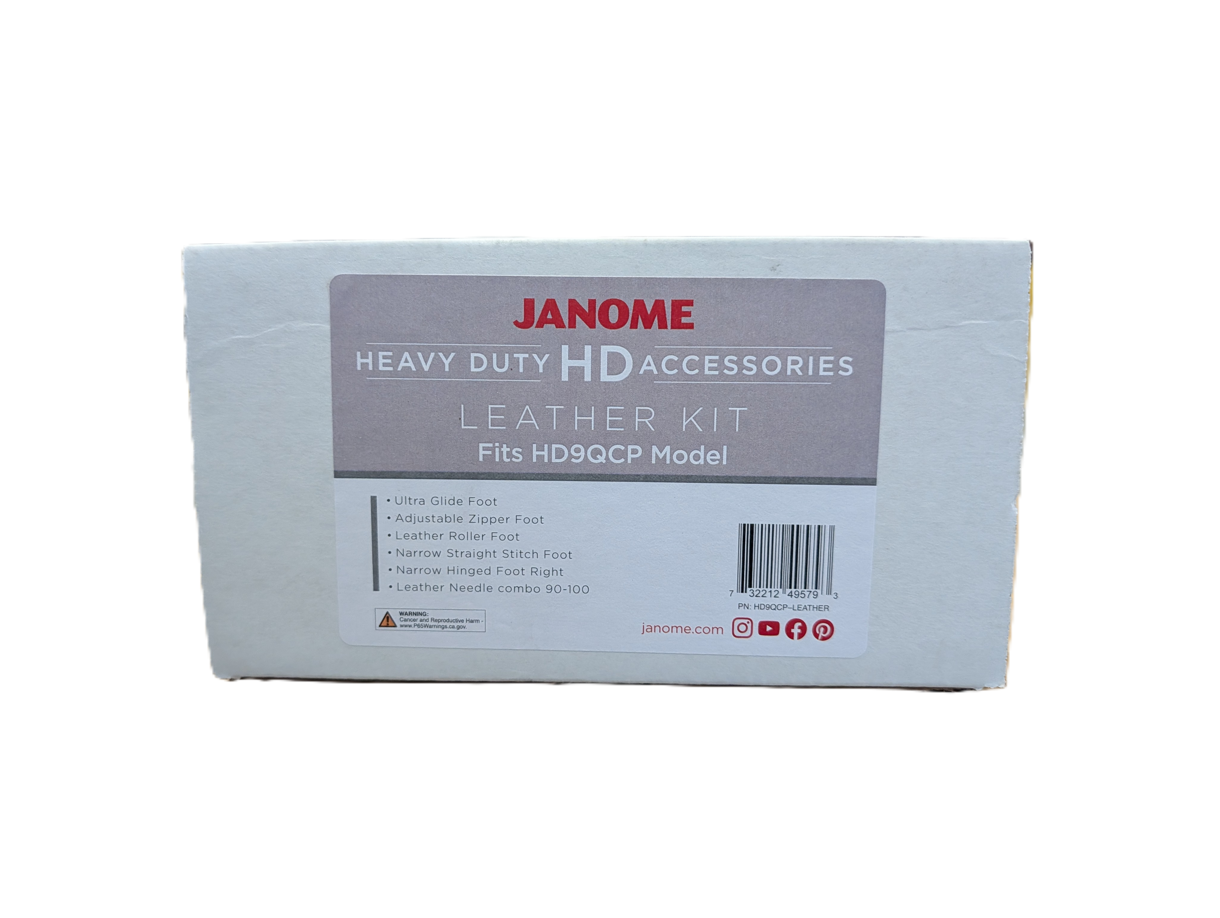 A white cardboard box for a Janome Heavy Duty HD Accessories Leather Kit, designed for an HD9QCP model, shown against a plain white background.