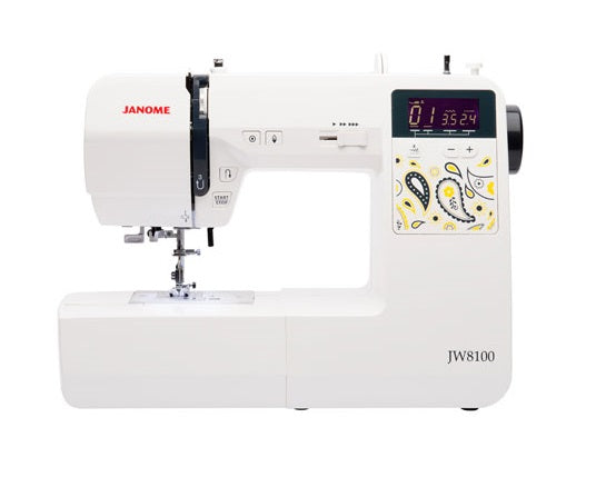 Janome sewing machine with digital display on a white background