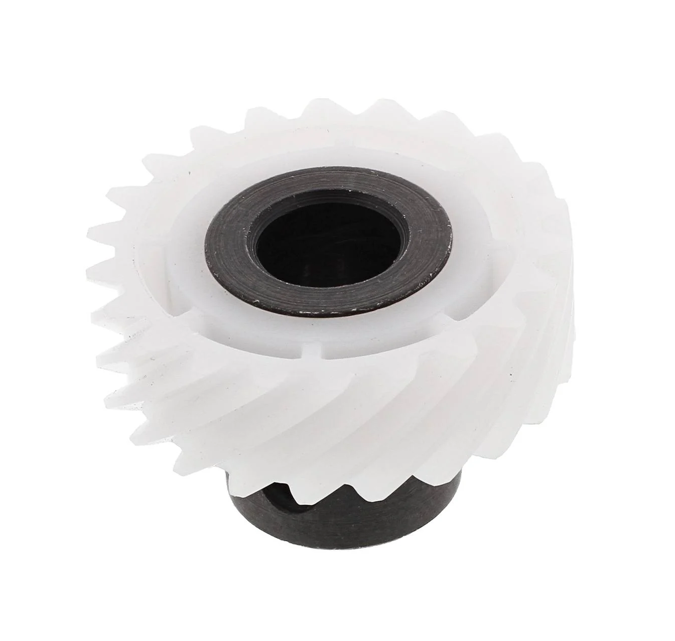 A white plastic spur gear with a black metal or rubber center ring and a black splined shaft, shown on a solid white background.