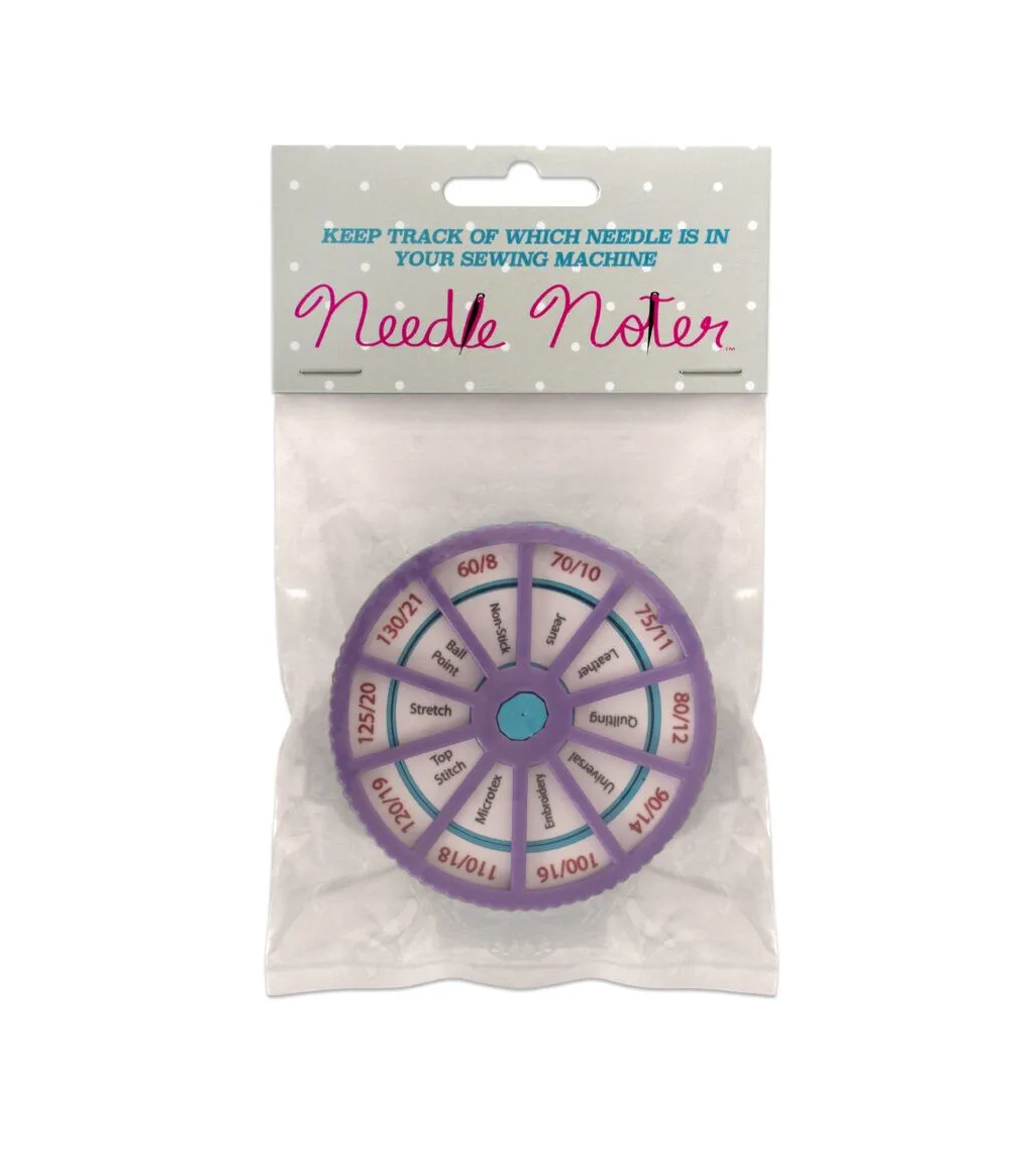 Packaged sewing needle noter with colorful wheel on a white background