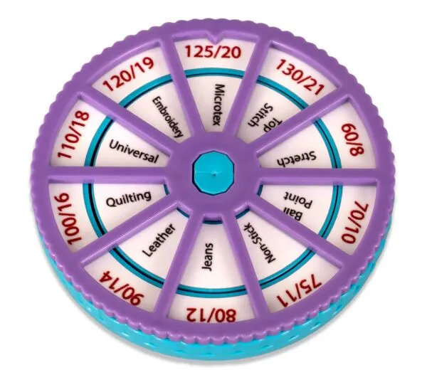 Wheel with various sewing thread tension settings on a white background
