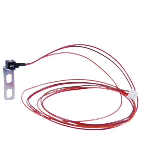 A small metal temperature sensor probe with attached red and black wires and a white connector, shown on a plain white background.