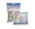 Needle storage pillow with grid pattern and colorful labels in packaging on a white background