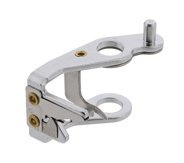 A polished silver metal cabinet latch or drawer pull hook with brass-colored screws, shown on a plain white background.