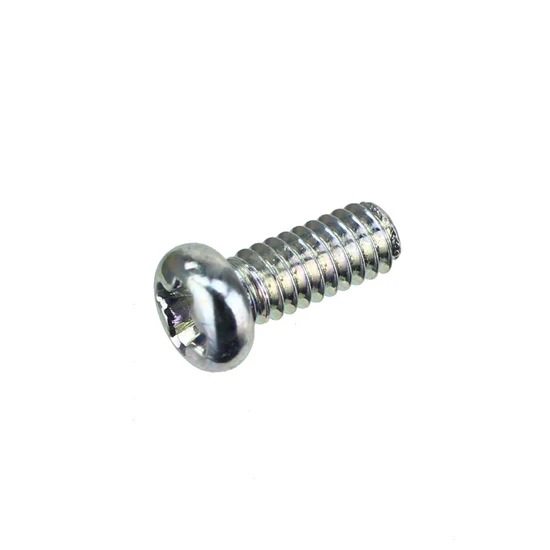 A single silver metal screw with a slotted cross-profile head and threaded shank, shown on a plain white background.