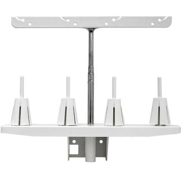 A white and silver metal mounting bracket system with a central vertical post, a top horizontal bar, and four cone-shaped side holders on a white background.