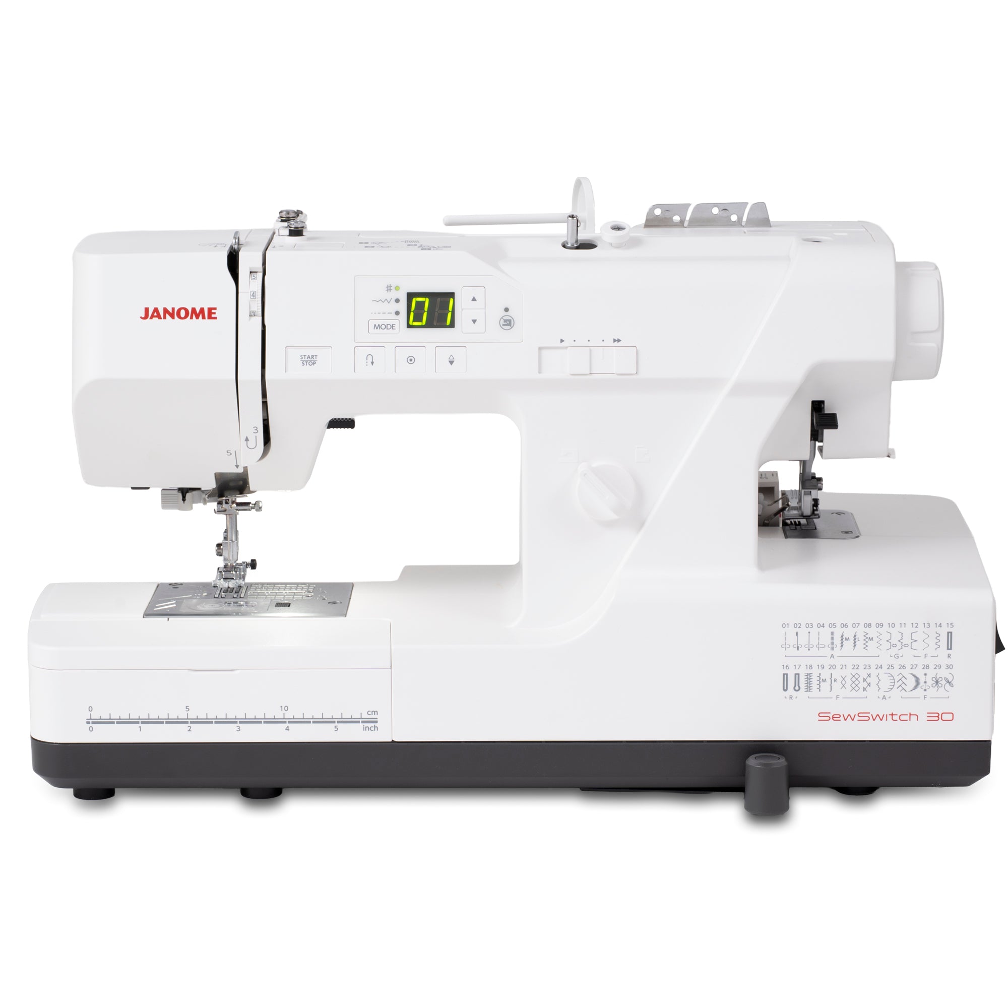Janome SewSwitch 30 sewing machine in white with a dark gray base, featuring a digital display screen and various sewing accessories, shown on a solid white background.