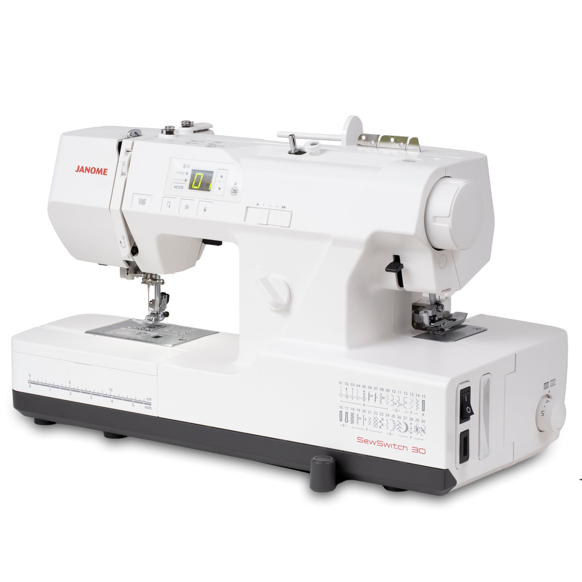 Janome SewSwitch 30 sewing machine in white with a black base, shown from a three-quarter angle on a white background.