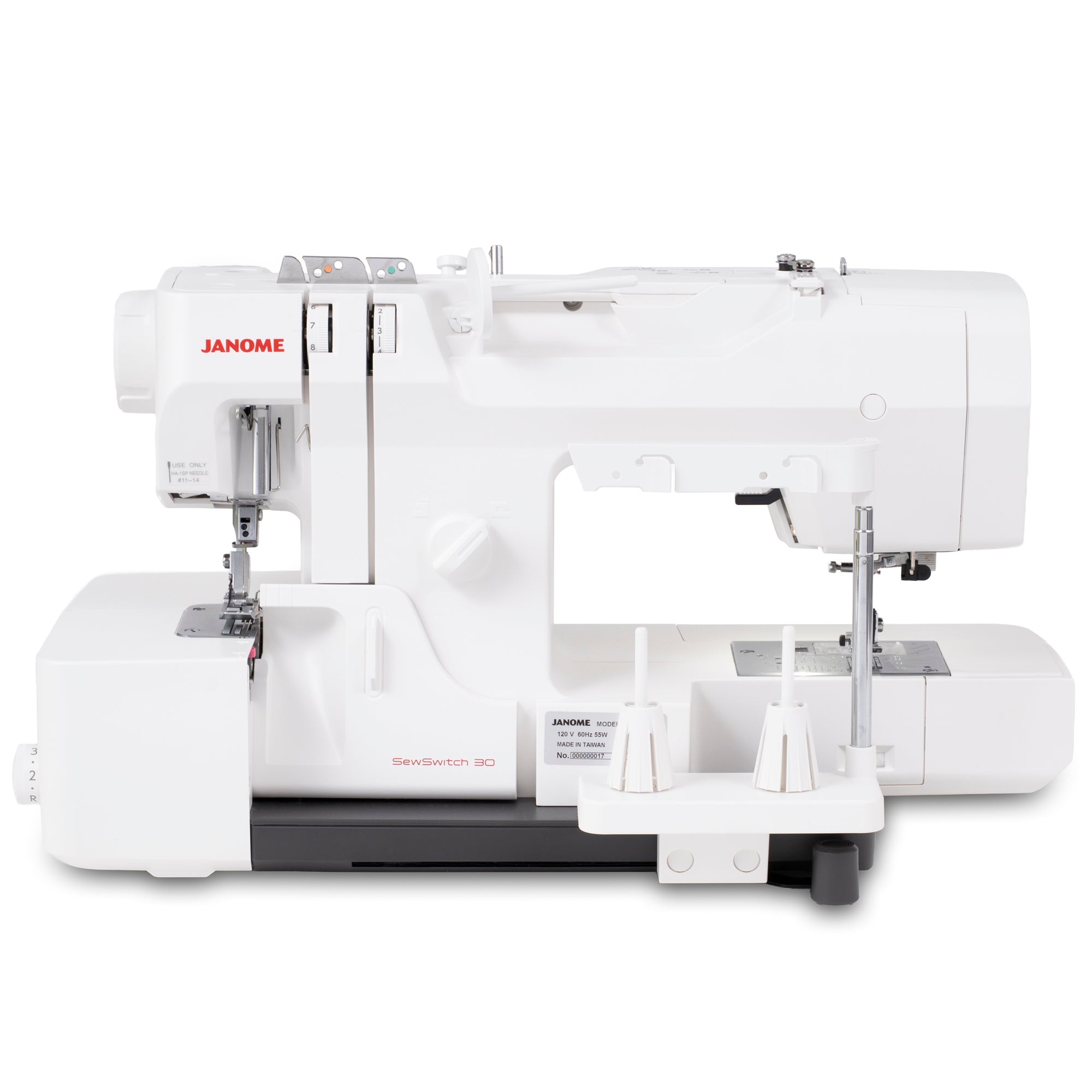 A white Janome SewSwitch 30 serger sewing machine with a built-in thread guide and tension adjustment system, shown from a three-quarter angle on a white background.
