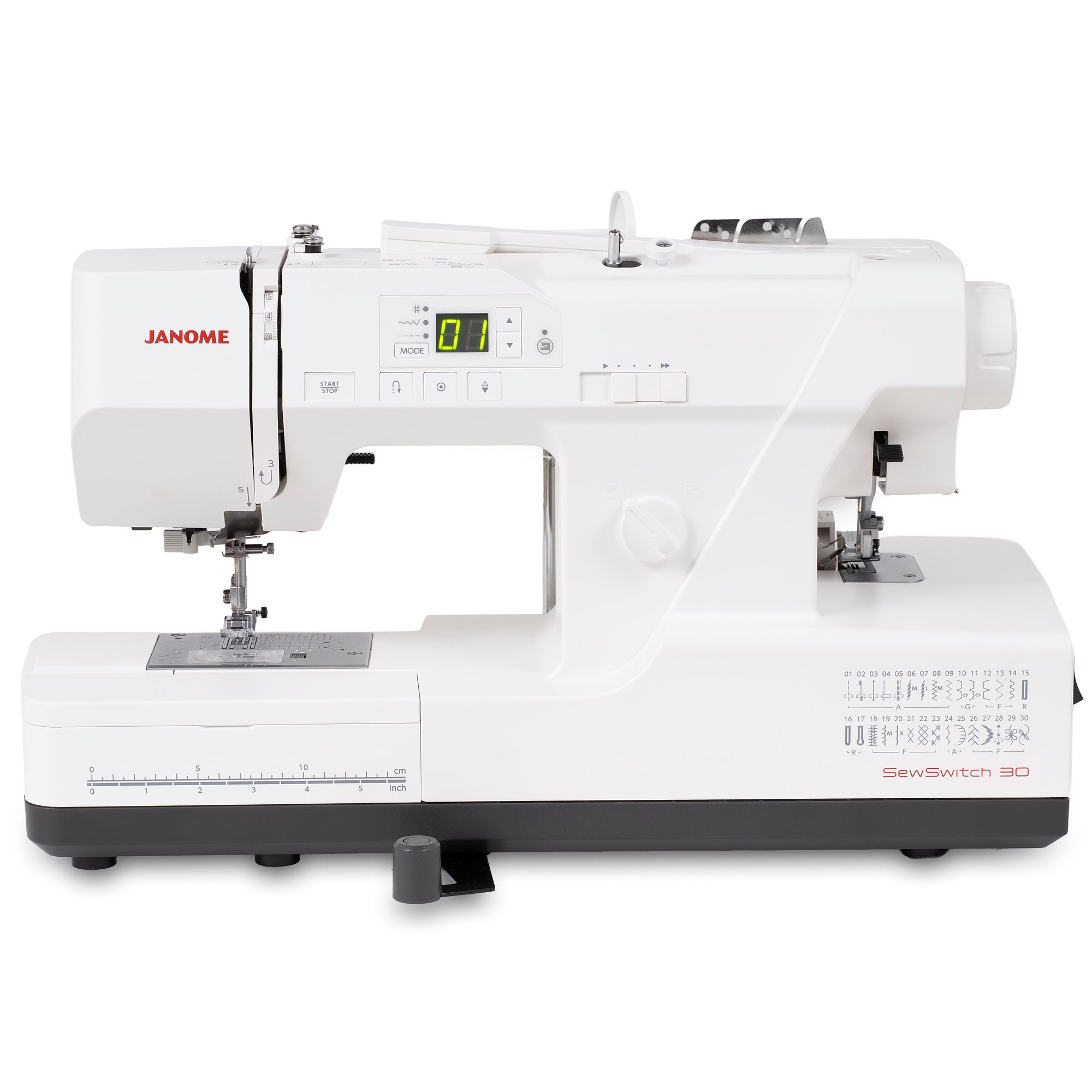 Janome SewSwitch 30 sewing machine in white with a dark gray base, featuring a digital display screen and various sewing accessories, shown on a solid white background.
