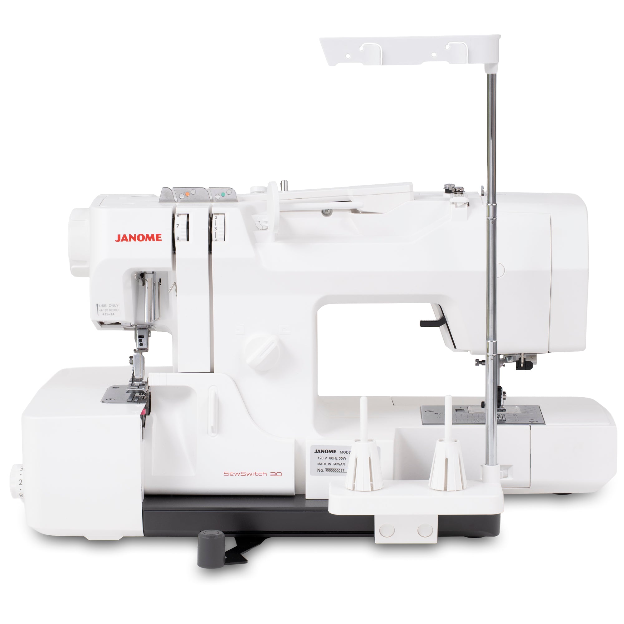 A white Janome SewSwitch 30 sewing machine with an integrated vertical stand and guide arm, shown on a clean white background.