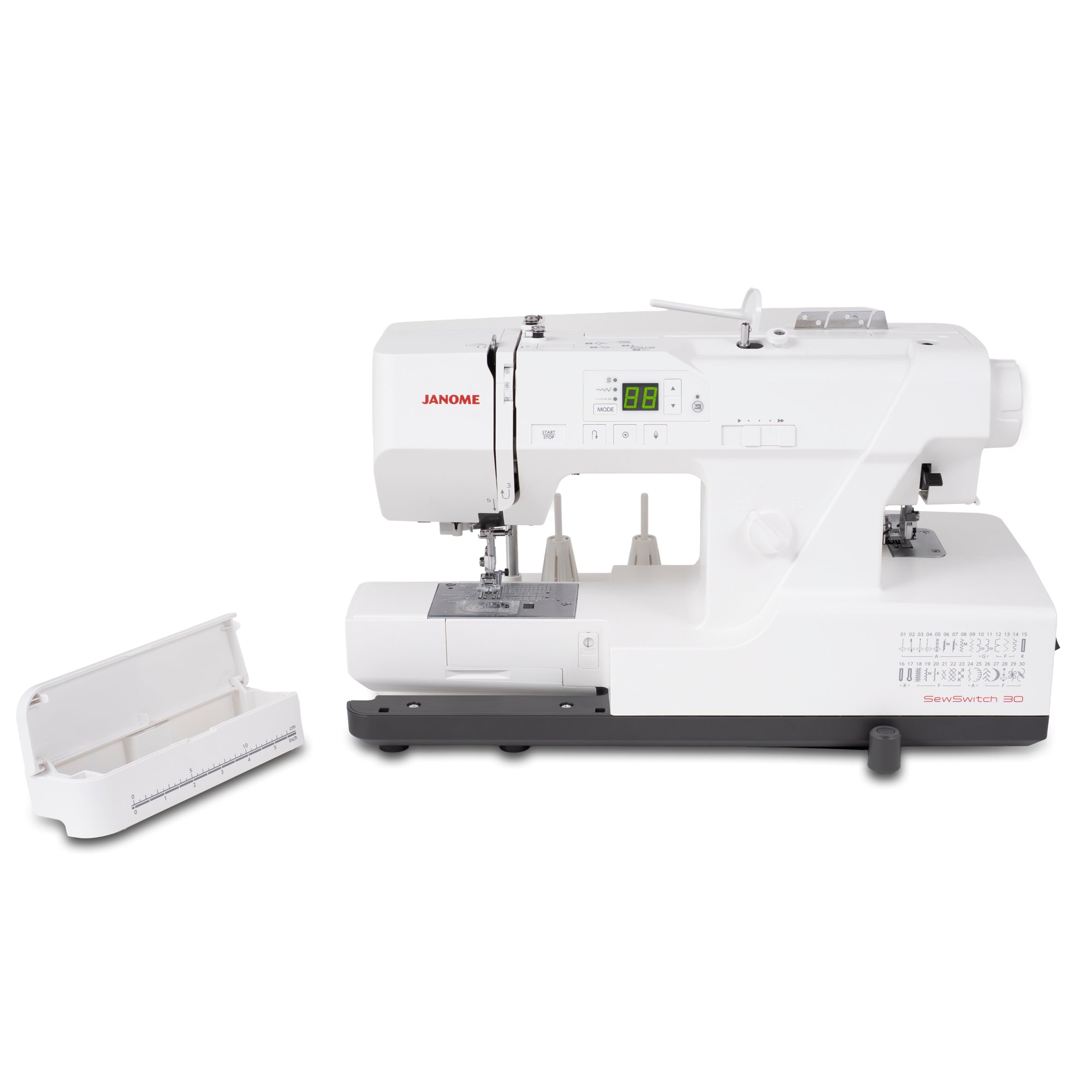 A Janome SewSwitch 30 sewing machine in white and dark gray, shown from a three-quarters angle with its white storage box placed to the left on a clean white background.