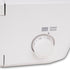 Close-up of a white sewing machine body with a rotary speed control dial and printed stitch-count markings above it.