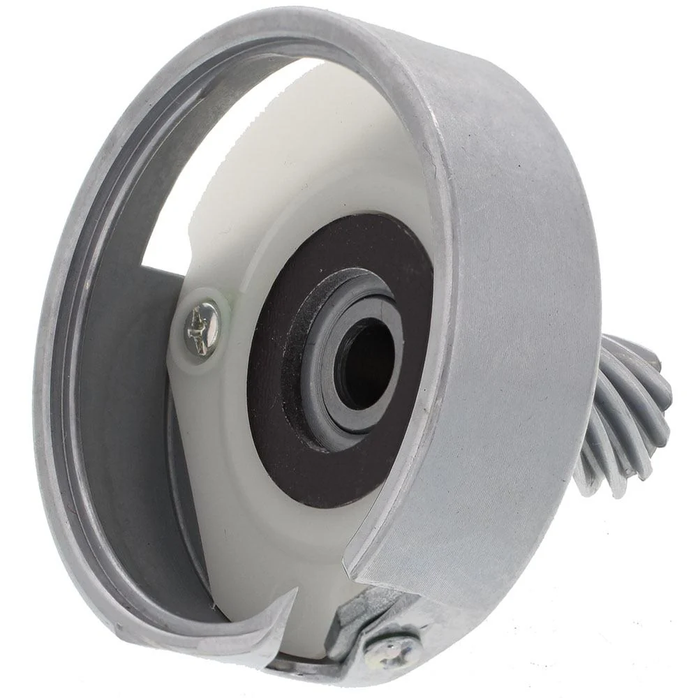 A circular metal mechanical component with a ribbed spiral shaft, set against a plain white background.
