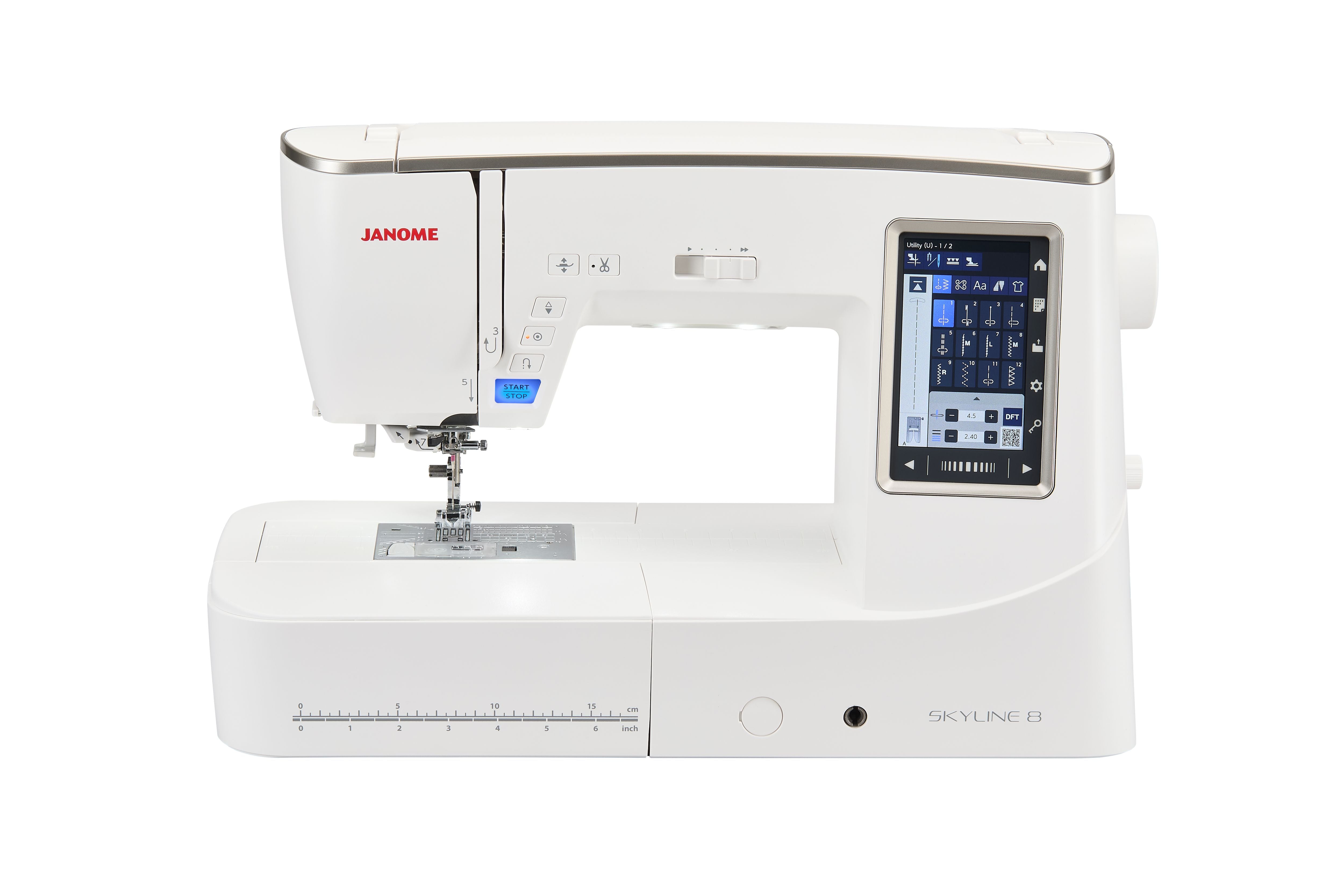 A white Janome Skyline 8 sewing machine with a digital touchscreen display on the right side, shown against a solid white background.