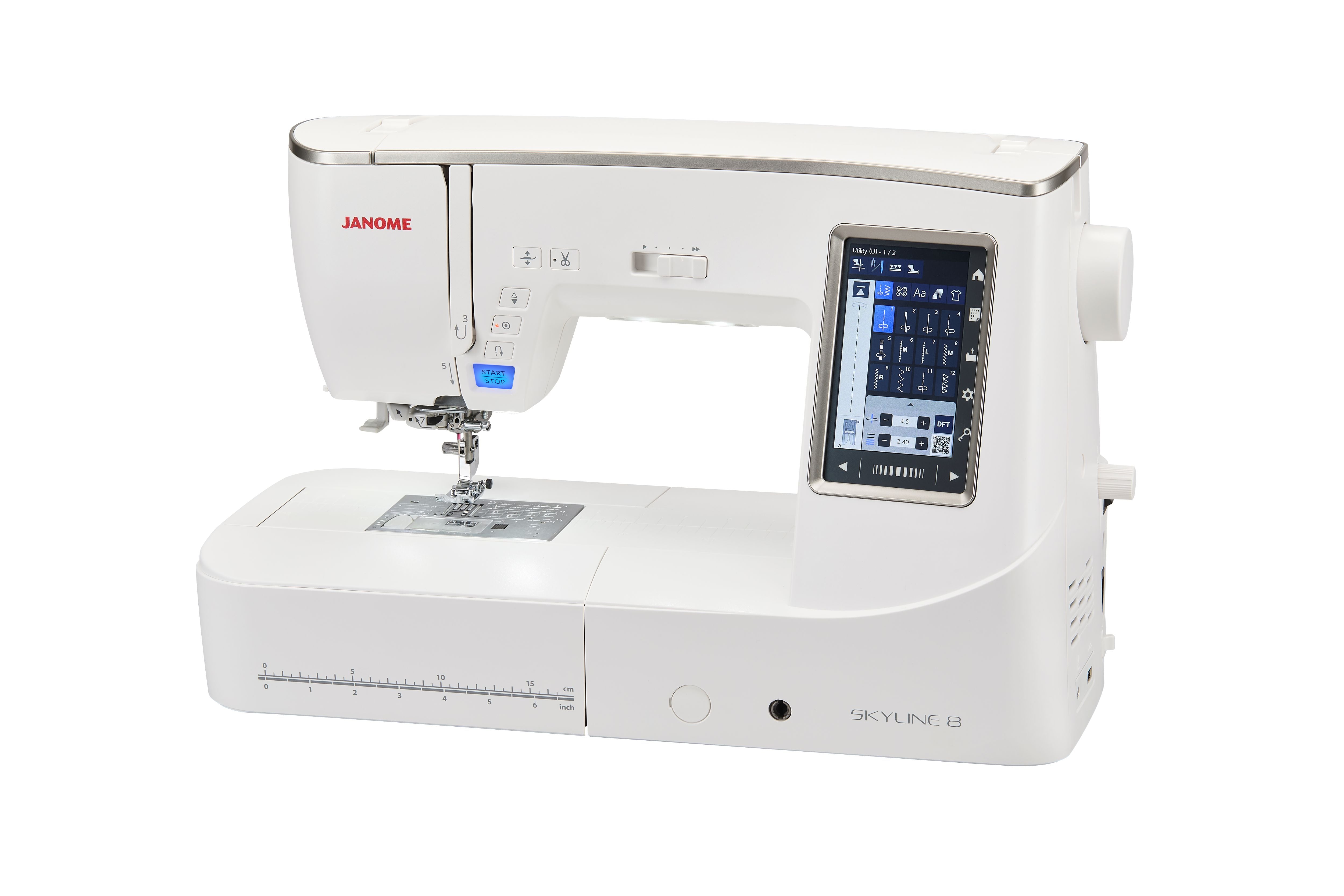 A white Janome Skyline 8 sewing machine with a digital touchscreen display on the side, shown against a solid white background.
