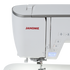 Close-up of a Janome sewing machine showing the upper housing, side control buttons, and part of the needle area on a clean white background.